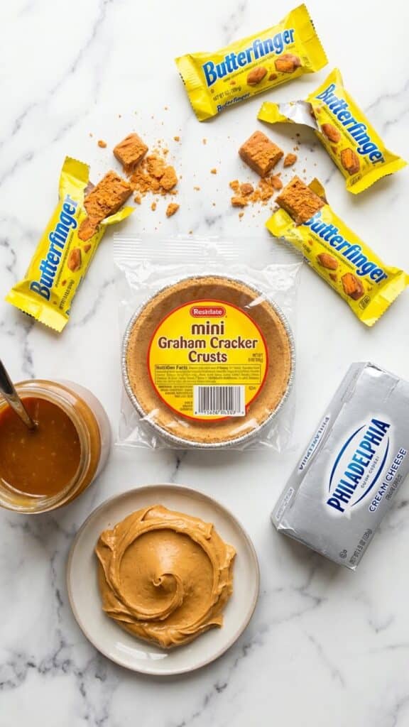 Ingredients for Butterfinger pies including mini crusts, candy bars, peanut butter, and caramel.