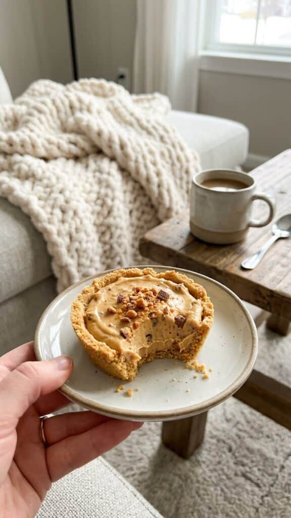 A hand holding a bitten Butterfinger mini pie on a plate with coffee in the background.