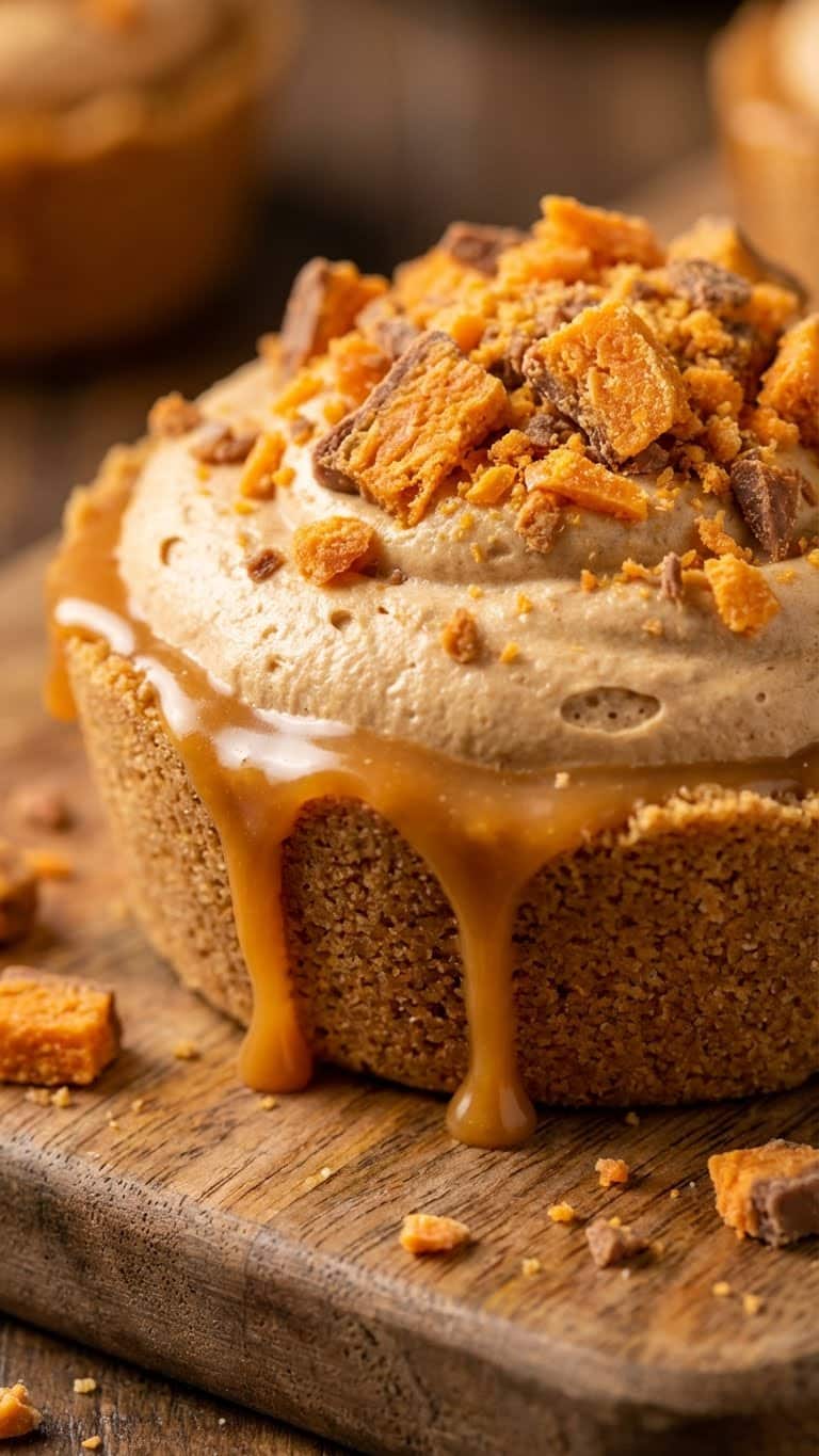 A mini peanut butter pie topped with caramel sauce and crushed Butterfinger candy bars.