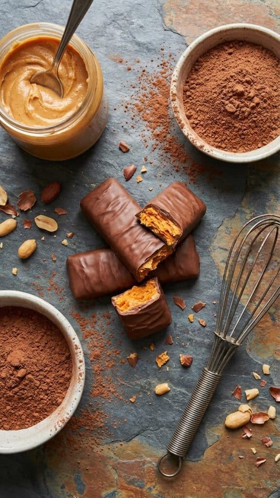 Ingredients for Butterfinger cupcakes including candy bars, peanut butter, and cocoa.