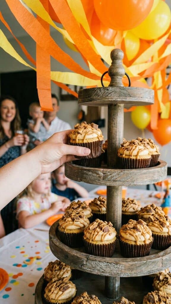 A tiered stand of peanut butter chocolate cupcakes at a party.
