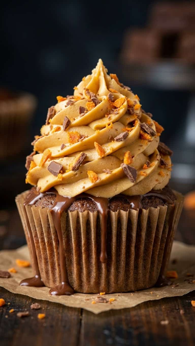 A chocolate cupcake with peanut butter frosting topped with crushed Butterfinger candy.