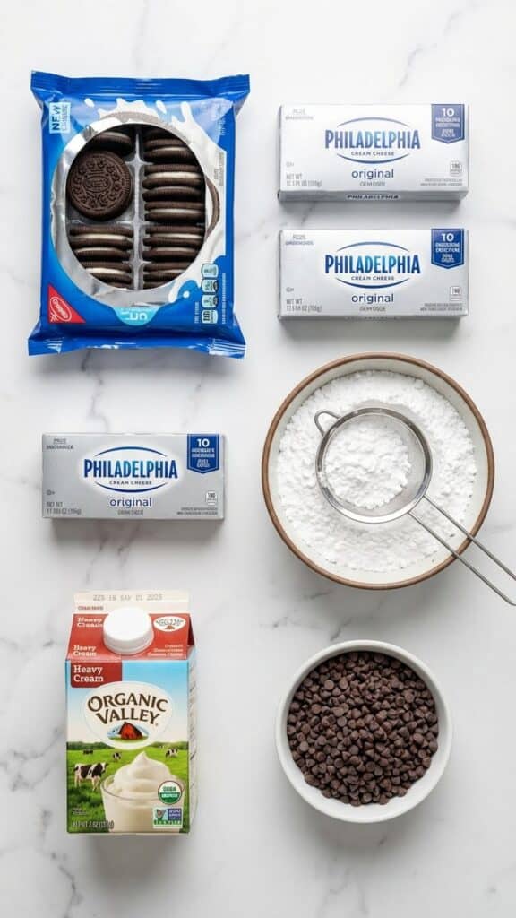 Flat lay of ingredients for Butterfinger pie including candy bars and cream cheese.