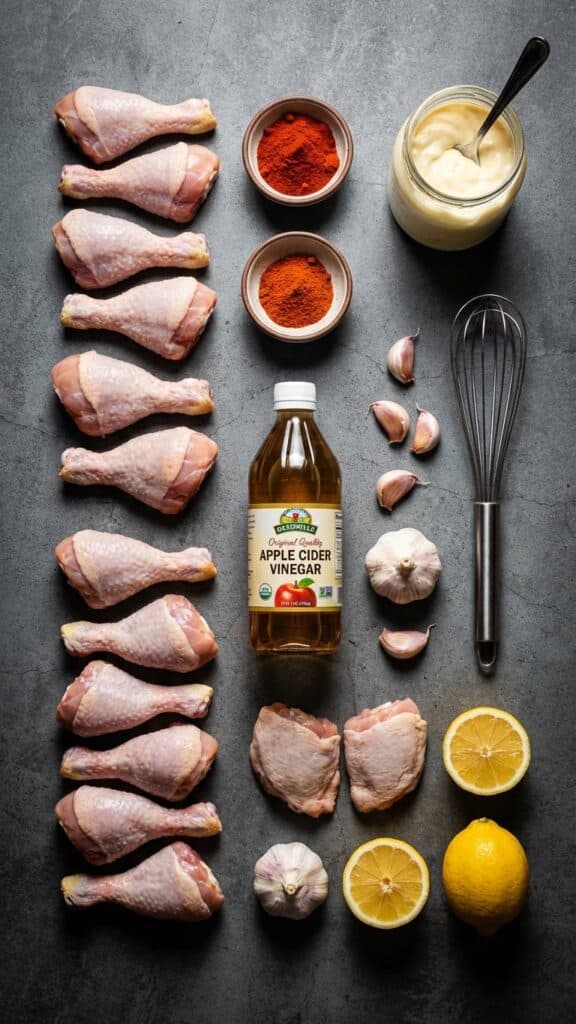 Flat lay of ingredients for Cajun chicken including spices, mayonnaise, vinegar, and raw chicken.