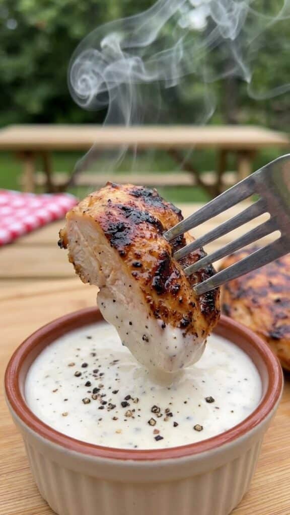 Close-up of a fork dipping a piece of grilled Cajun chicken into a bowl of white sauce.