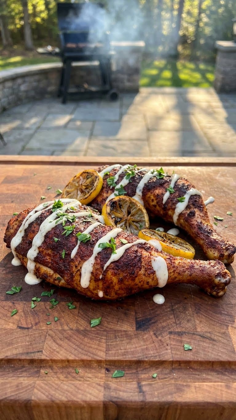 Cajun grilled chicken quarters on a wooden board drizzled with creamy Alabama white sauce.