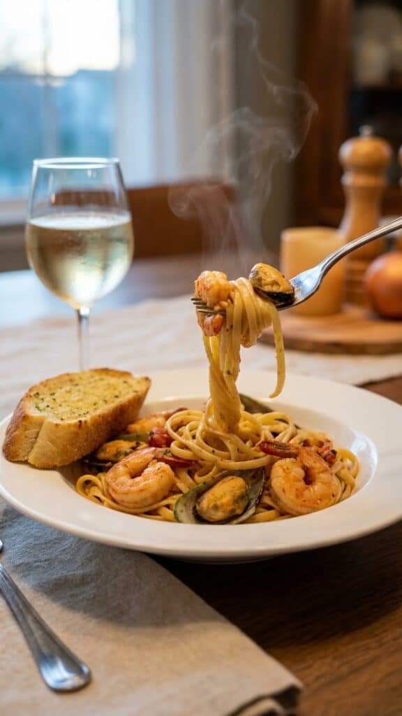 Plated Cajun Seafood Pasta with a fork lifting noodles, served with garlic bread and white wine at a dinner table.