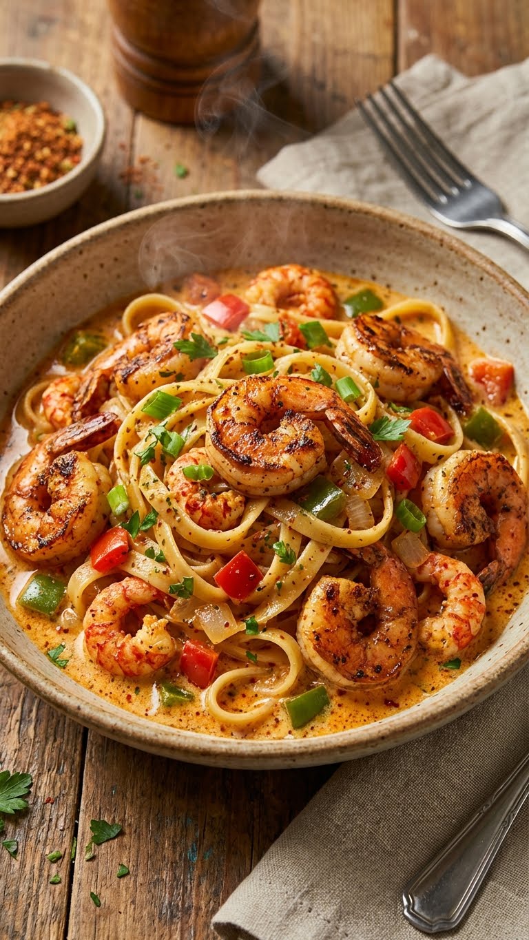 Close-up of creamy Cajun Seafood Pasta in a bowl, loaded with shrimp, crawfish, and a spicy orange cream sauce.