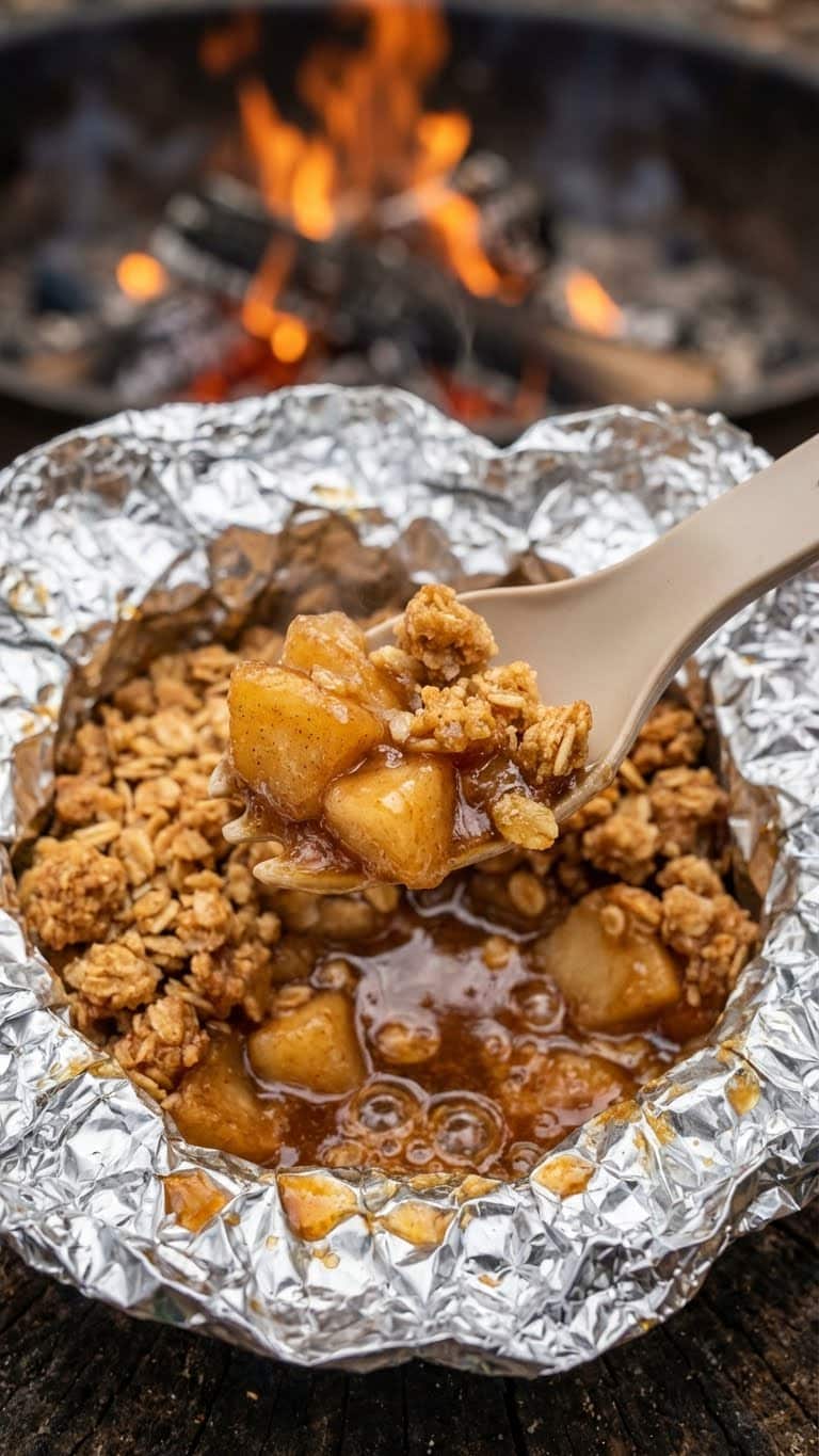 A high-angle hero shot. The contrast between the Silver Foil and the Warm Golden Food is visually striking. The background embers establish the setting immediately.