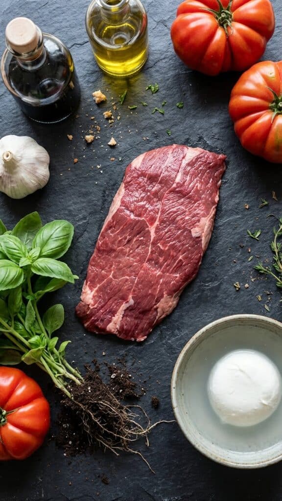 Ingredients for steak caprese including raw flank steak, fresh tomatoes, basil, mozzarella, and balsamic vinegar.