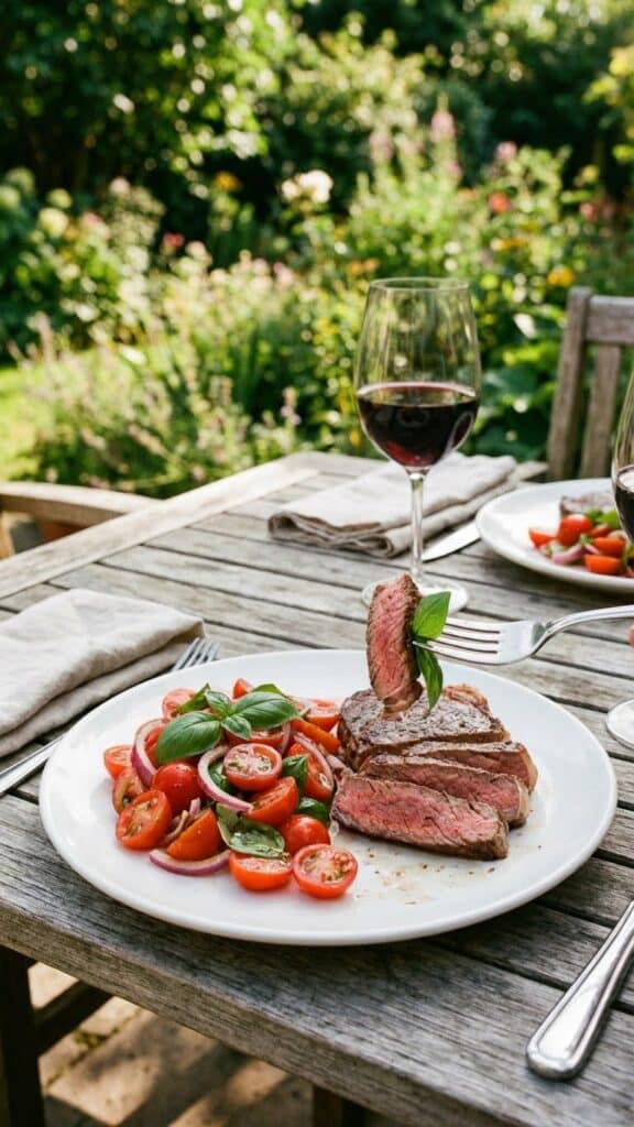 A plate of grilled steak and caprese salad served with a glass of red wine on an outdoor table.