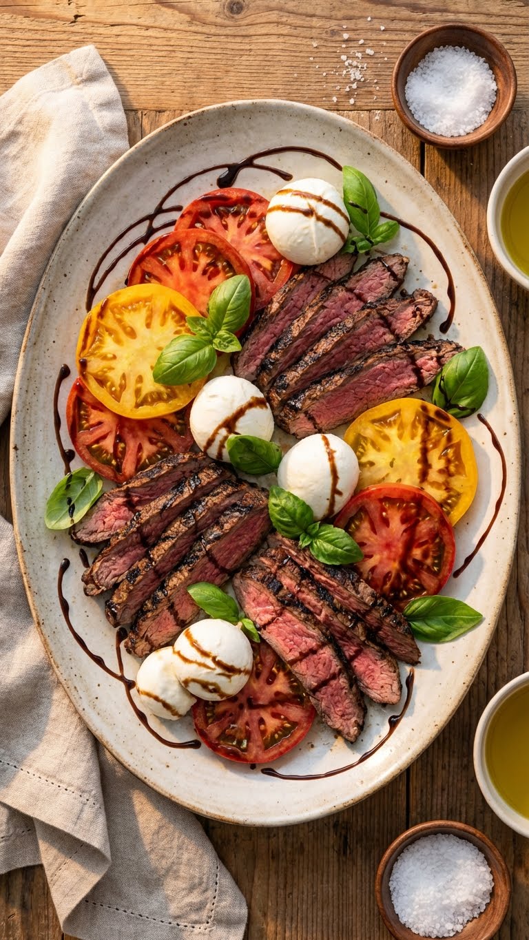 A platter of sliced grilled flank steak topped with heirloom tomatoes, fresh mozzarella, basil, and balsamic glaze.