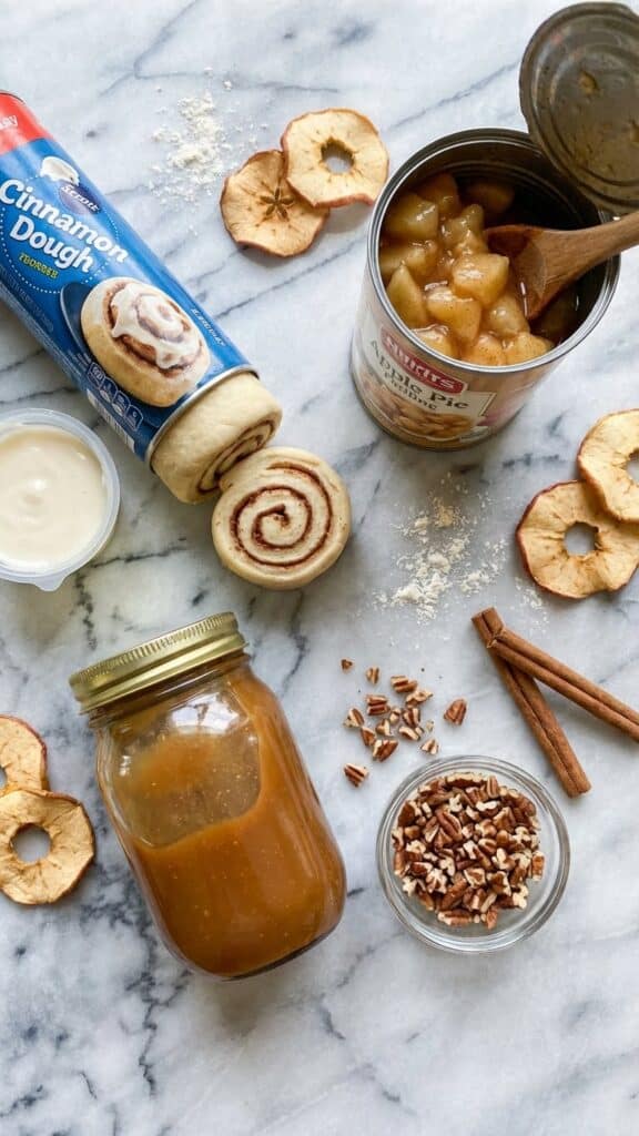Overhead flat lay of ingredients including a tube of cinnamon rolls, canned apple pie filling, and caramel sauce.