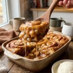 A serving spoon lifting a warm, gooey scoop of apple cinnamon roll cake with melting ice cream.