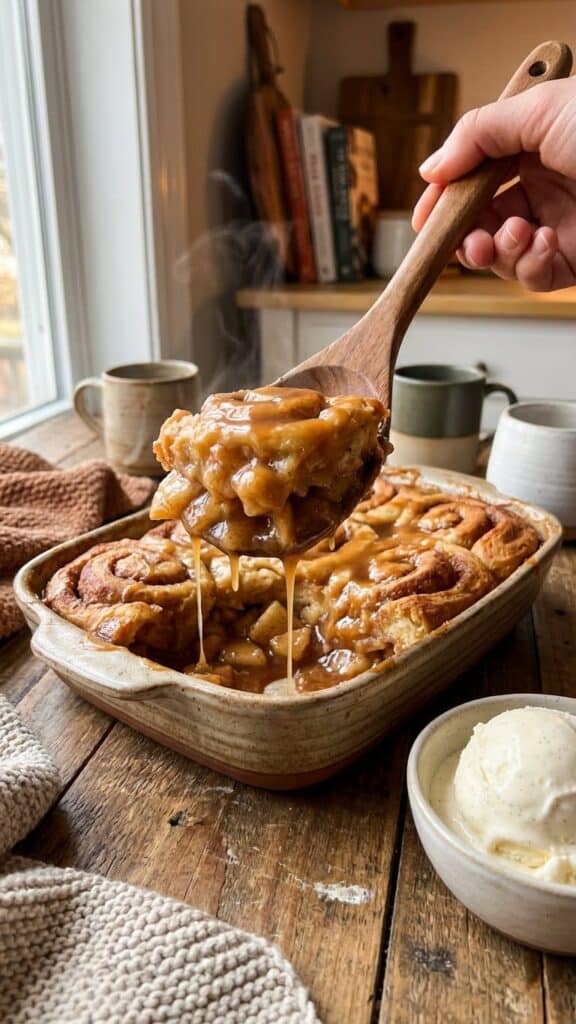 A serving spoon lifting a warm, gooey scoop of apple cinnamon roll cake with melting ice cream.