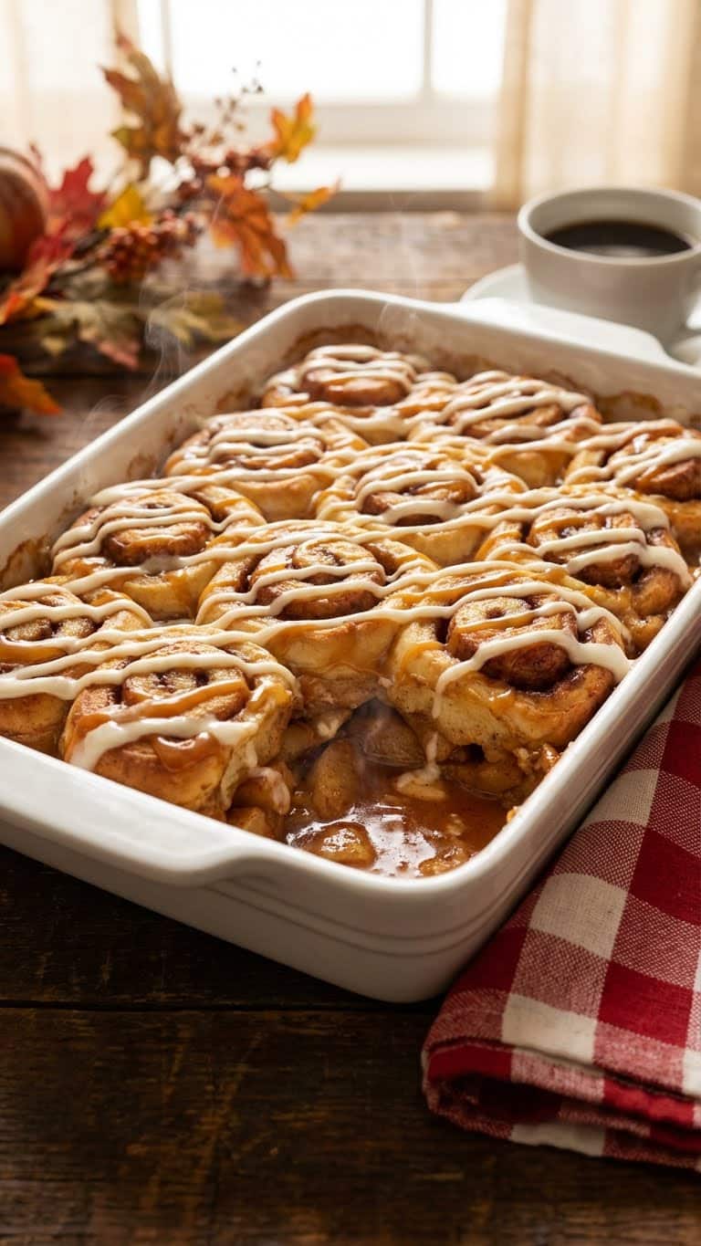 Caramel Apple Cinnamon Roll Dump Cake in a baking dish, topped with icing and caramel sauce.