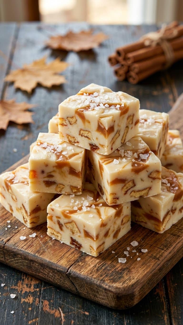 Stack of white chocolate caramel apple fudge squares with apple chunks.