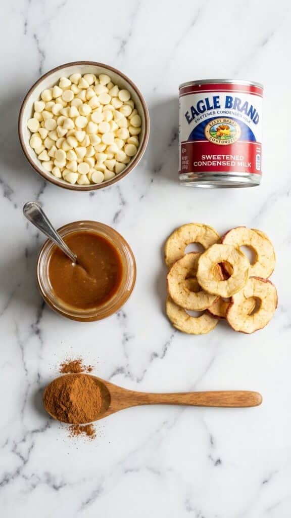 Flat lay of ingredients for apple fudge including dried apples and white chocolate.