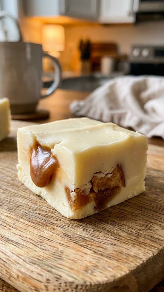Close-up of a piece of apple pie fudge showing the caramel swirl.