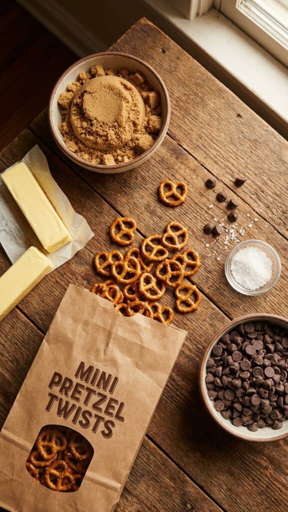 Ingredients for pretzel crack including mini pretzels, butter, brown sugar, and chocolate chips.
