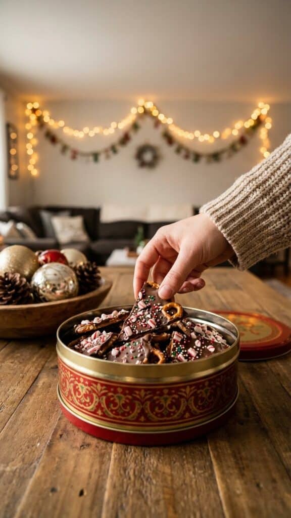 A gift tin filled with pieces of caramel pretzel chocolate bark with a hand reaching for one.