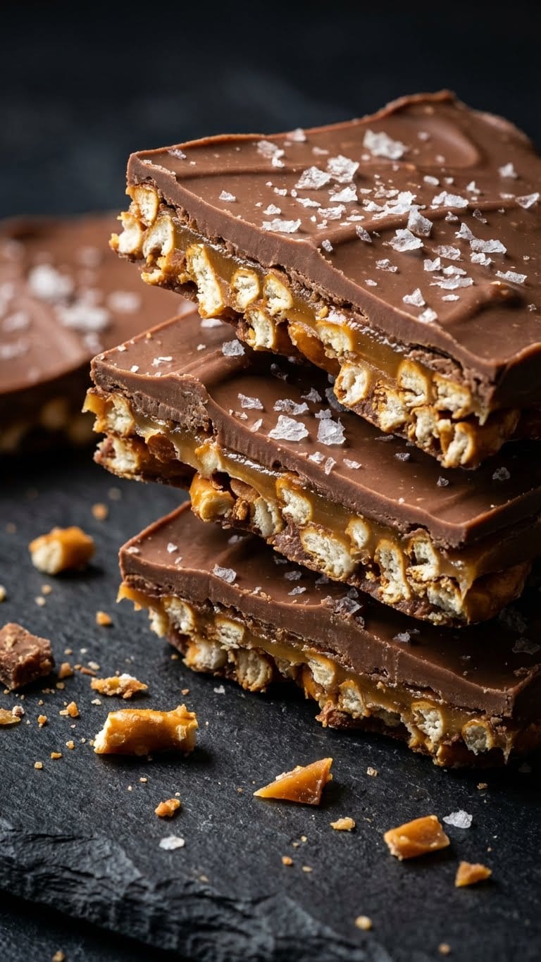 A stack of chocolate covered pretzel toffee bark pieces topped with sea salt.