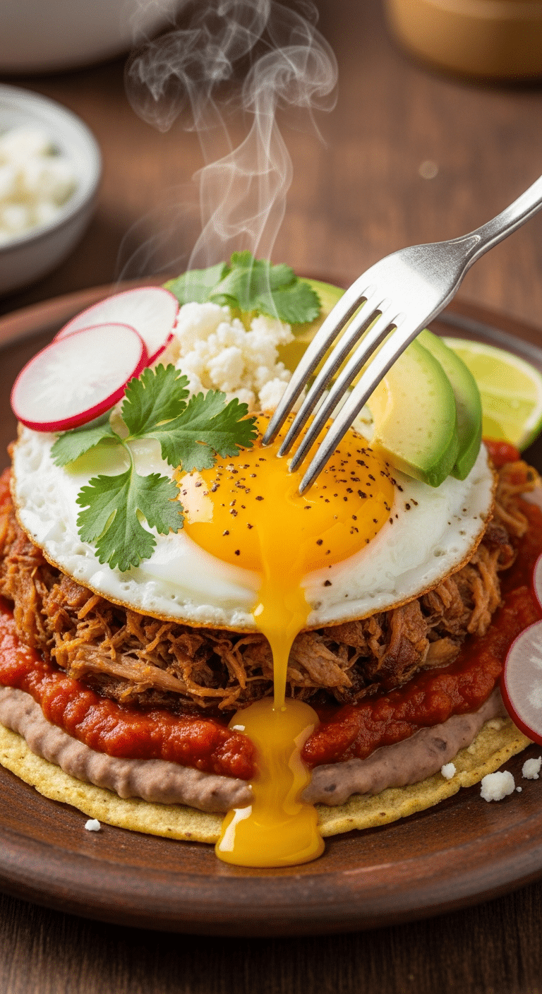 A close-up photograph of Carnitas Huevos Rancheros on a rustic plate, with a runny egg yolk dripping over crispy shredded pork, ranchero sauce, avocado, and cotija cheese.