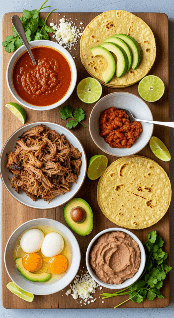 Overhead view of ingredients for carnitas huevos rancheros: cooked carnitas, ranchero sauce, tortillas, eggs, beans, avocado, and toppings arranged on a wooden board.