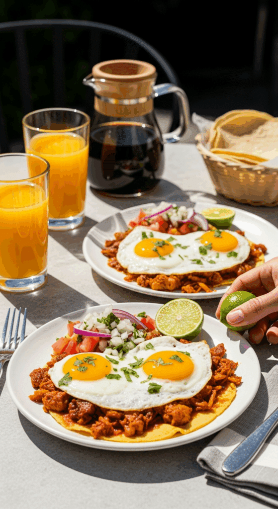 Two plates of carnitas huevos rancheros served on a sunny patio table with orange juice and coffee in the background.