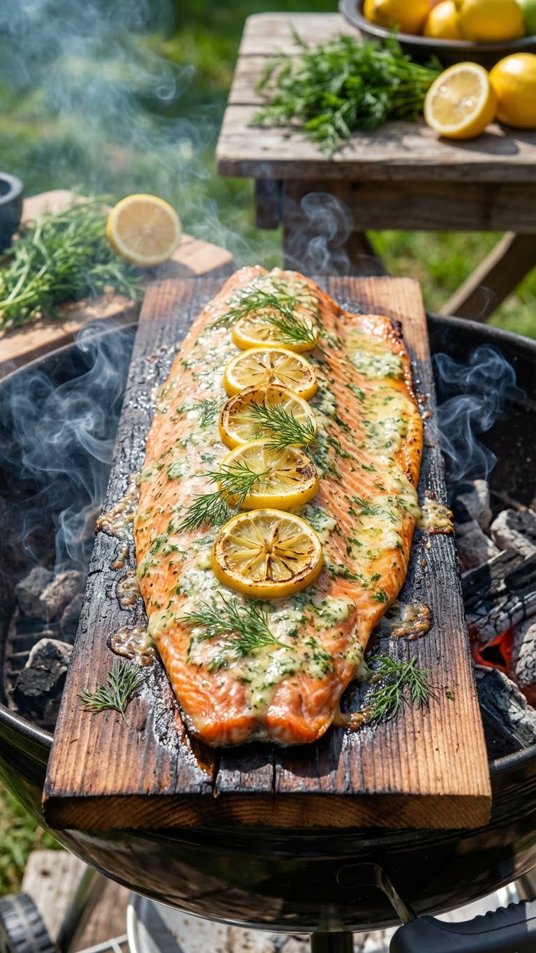 Cedar plank salmon topped with lemon slices and fresh dill grilling on a barbecue.