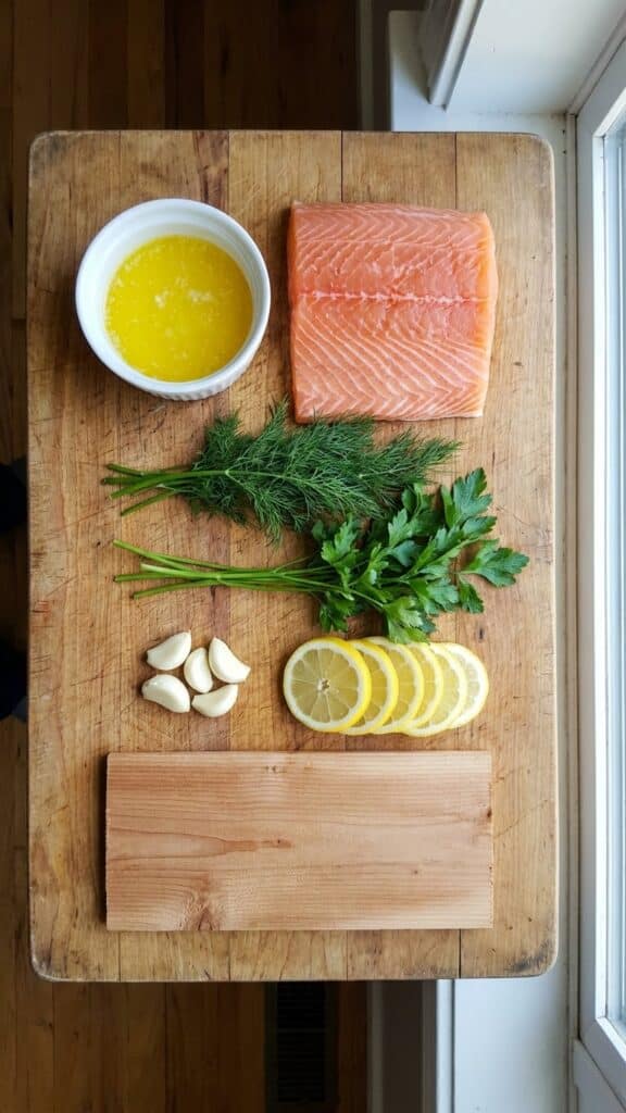 Flat lay of ingredients for lemon herb salmon including butter, dill, lemons, and garlic.