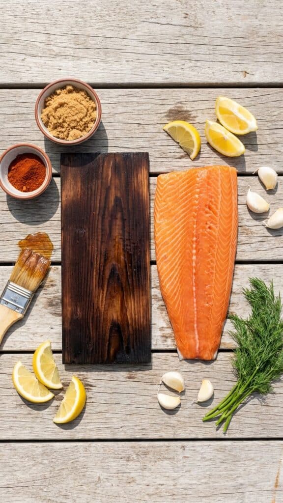 Overhead view of ingredients for cedar plank salmon: a wet cedar plank, raw salmon fillet, spice rub, glaze, lemons, and herbs on a wooden deck.