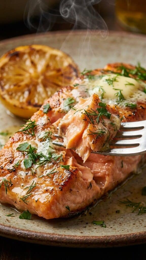 Close-up of a fork holding a buttery, flaky piece of herb-crusted salmon.