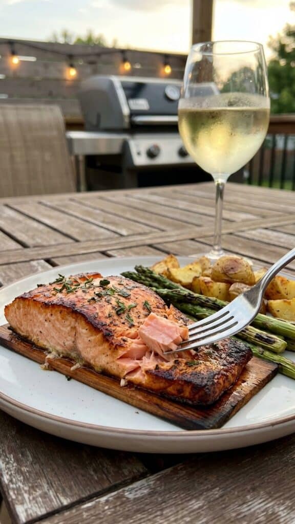 A plated serving of cedar plank salmon with grilled asparagus and potatoes on an outdoor patio table, with a fork lifting a bite.