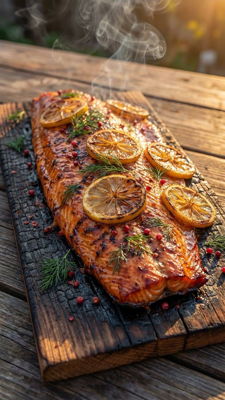 A close-up photograph of a whole glazed salmon fillet on a charred cedar plank, garnished with grilled lemon and dill, with smoke rising.