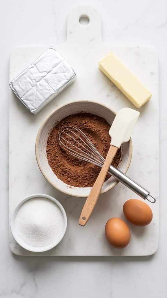 Ingredients for cheesecake brownies including cocoa, cream cheese, butter, and eggs.