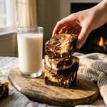 A stack of fudgy cheesecake brownies served with a glass of cold milk.