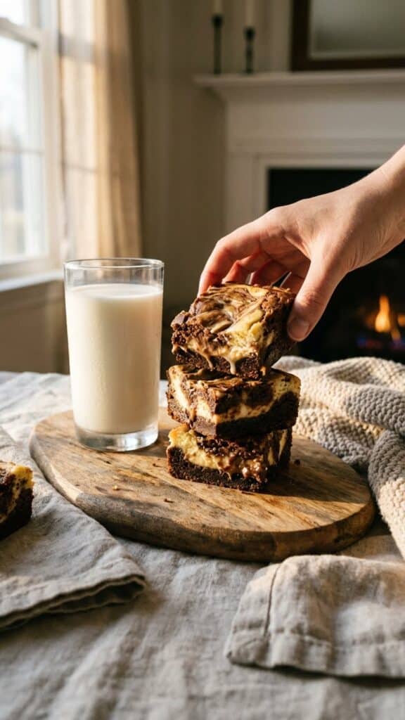 A stack of fudgy cheesecake brownies served with a glass of cold milk.