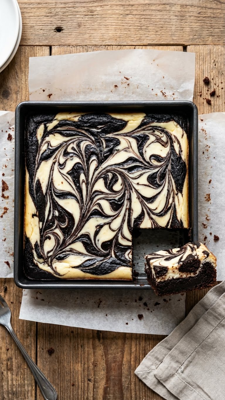 A pan of marbled cheesecake brownies with a distinct black and white swirl pattern.