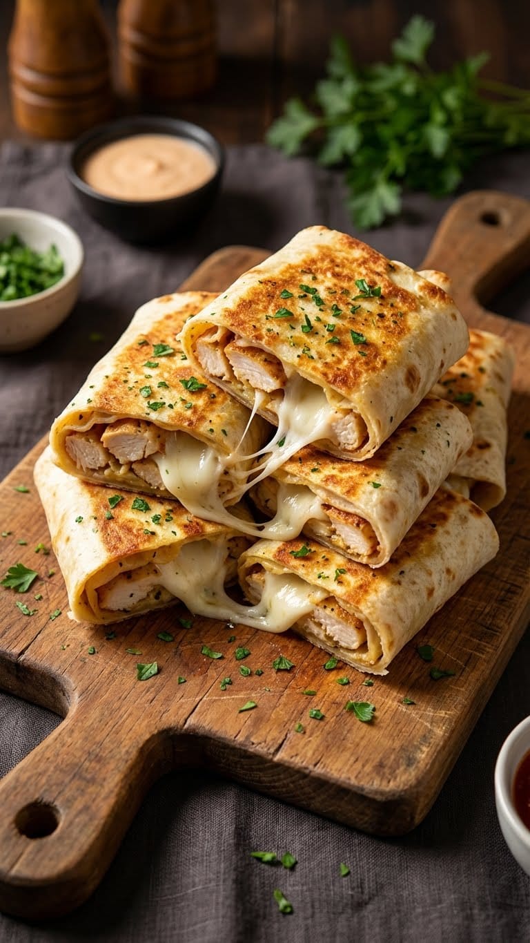 Stack of crispy garlic butter chicken wraps cut open to show melted cheese.