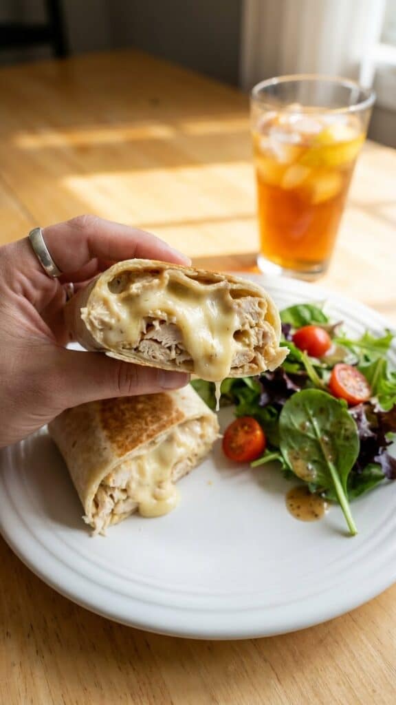 A hand holding a halved cheesy garlic chicken wrap over a plate with a side salad, ready for lunch in a sunlit kitchen.