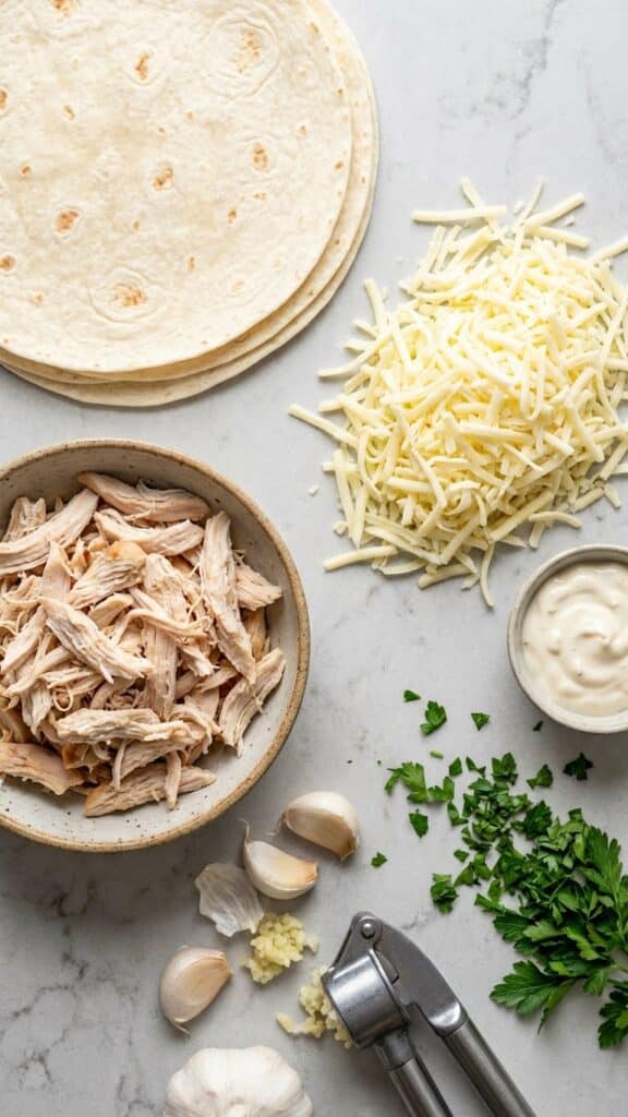 Overhead view of ingredients for cheesy wraps: tortillas, shredded chicken, lots of cheese, creamy garlic sauce, fresh garlic cloves, and parsley on a counter.