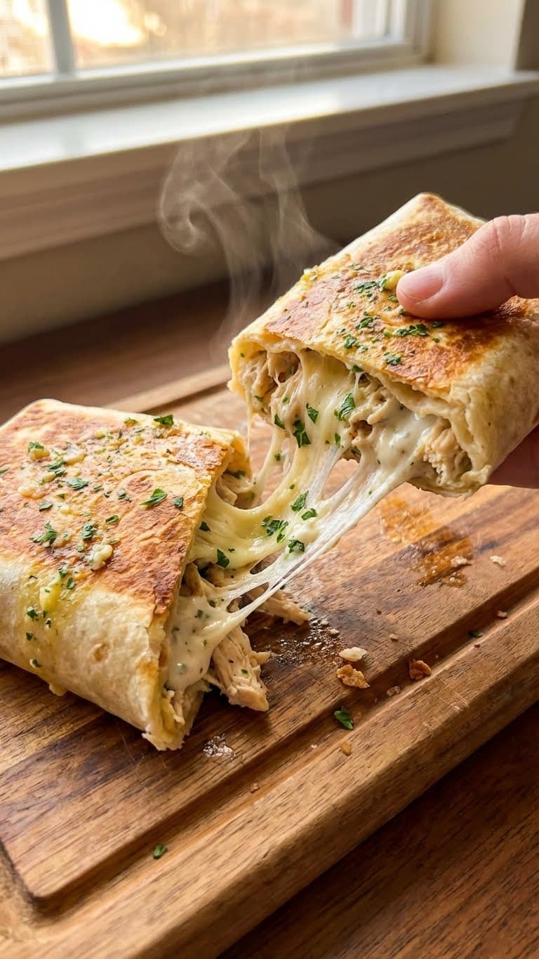 A close-up photograph of a toasted garlic chicken wrap cut in half, showing a long pull of melted cheese and creamy sauce with chicken inside.