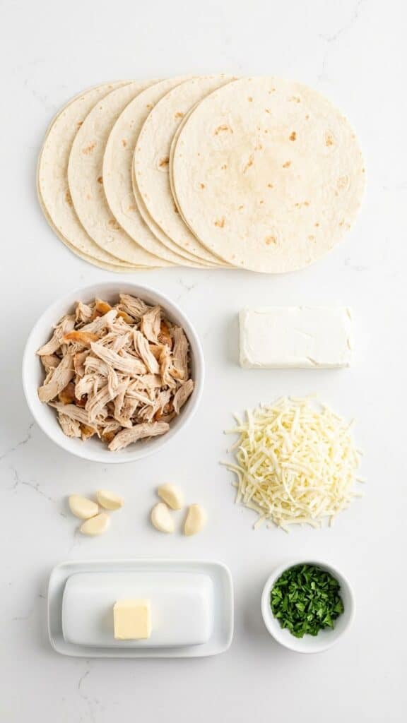 Flat lay of ingredients for garlic chicken wraps including tortillas, chicken, and cream cheese.