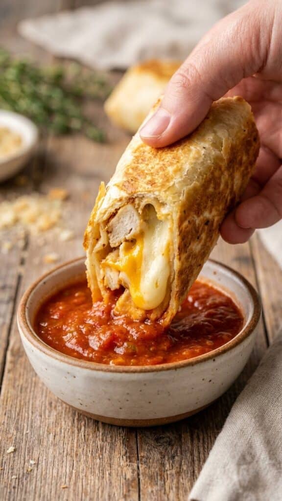 Close-up of a crispy garlic chicken wrap being dipped in marinara sauce.