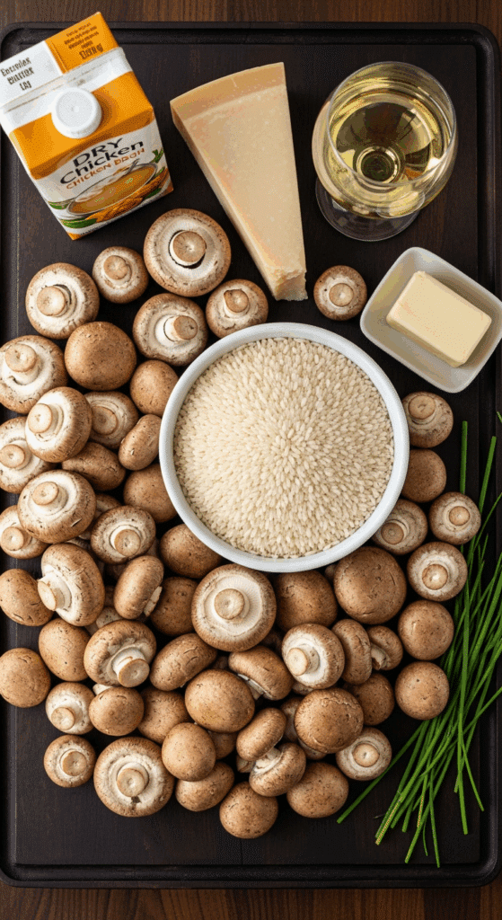 Raw ingredients for mushroom risotto including Arborio rice, mixed mushrooms, Parmesan, wine, and broth on a wooden board.