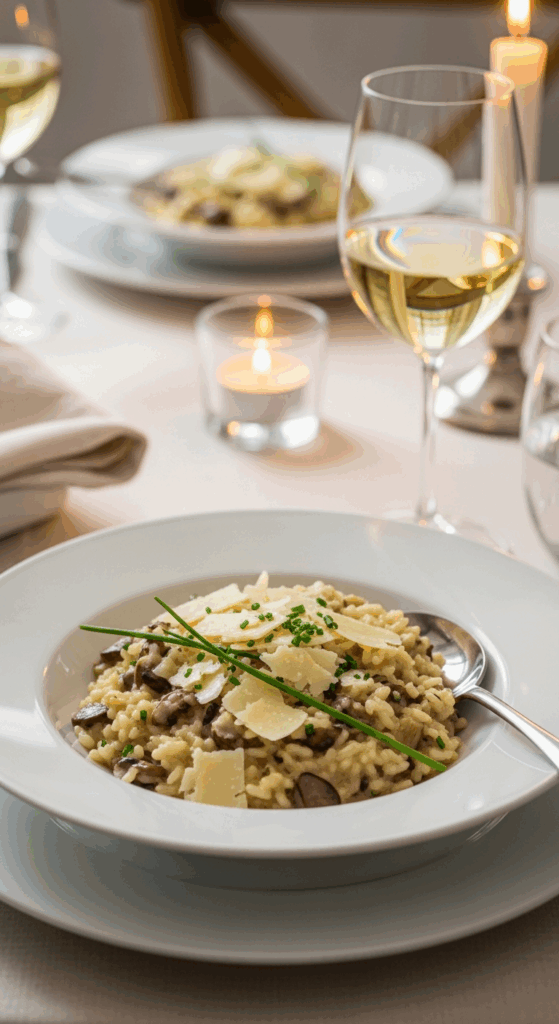 Plated Mushroom Risotto in a shallow bowl, garnished with Parmesan and chives, served with white wine.