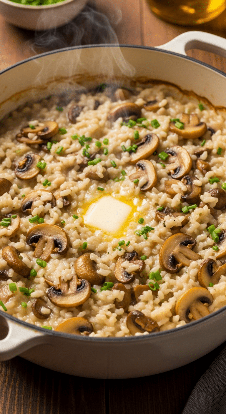 Close-up of creamy Baked Mushroom Risotto in a Dutch oven with mushrooms, melting butter, and chives.
