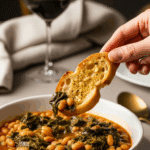 A hand dipping a piece of crusty garlic bread into a bowl of beans and greens stew, set in a cozy dinner atmosphere with wine.
