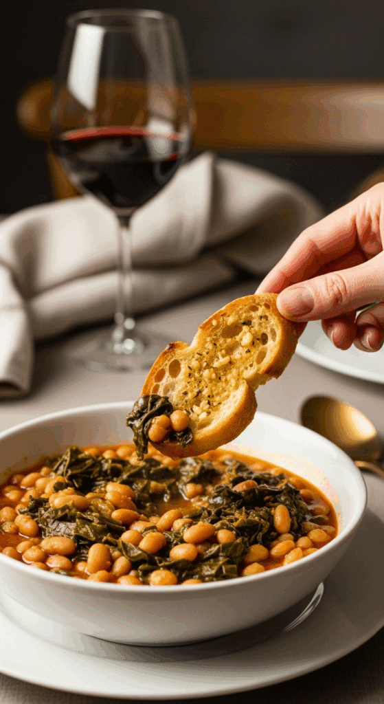 A hand dipping a piece of crusty garlic bread into a bowl of beans and greens stew, set in a cozy dinner atmosphere with wine.